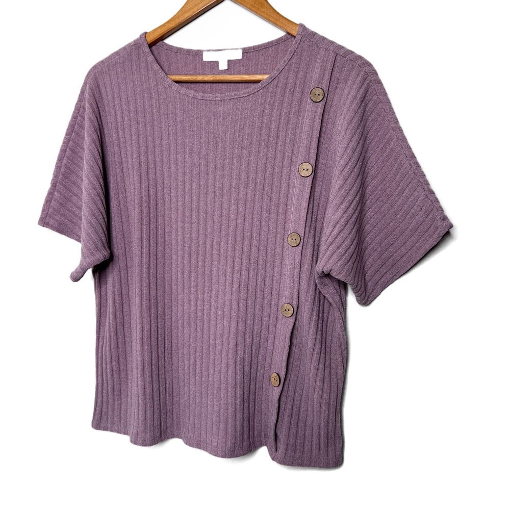 IVY.RIDGE Purple Ribbed Knit Dolman Sleeve Asymmetrical Button Top Women's Large - Picture 8 of 16